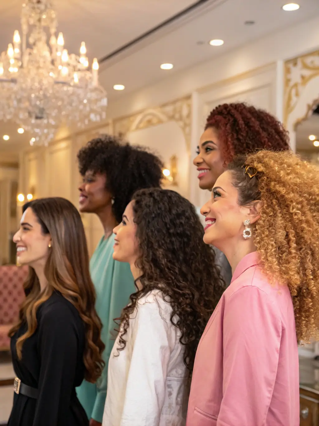 A diverse group of women showcasing various stylish haircuts and vibrant hair colors, all styled at Ladies Hairdresser Rochedale, set against a backdrop of the salon's modern and welcoming interior.