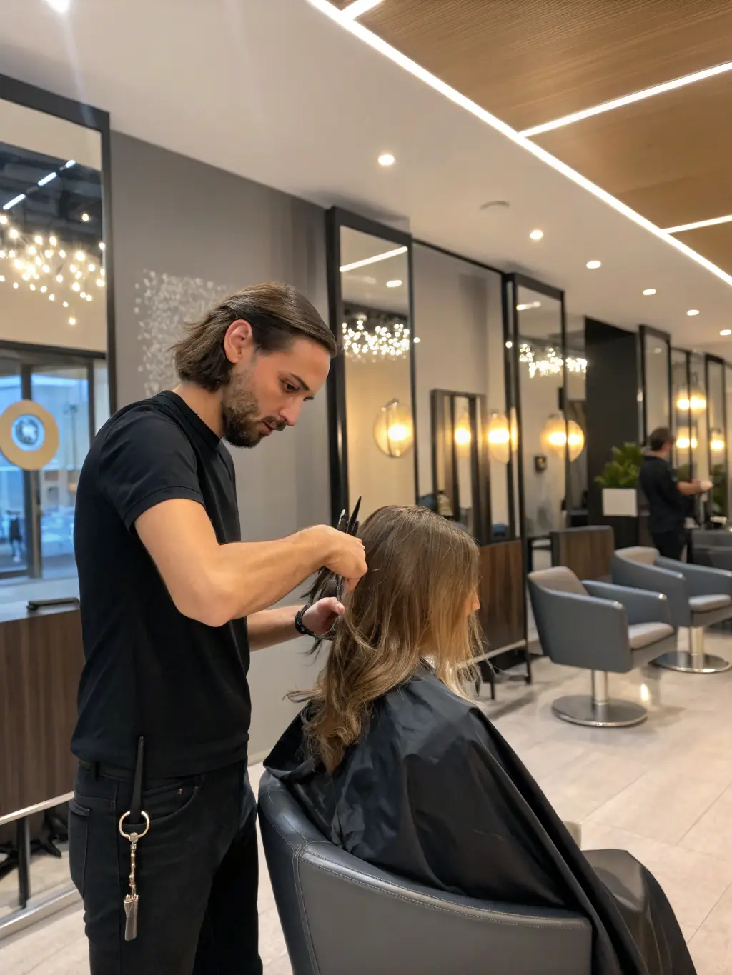 A client at Ladies Hairdresser Rochedale getting a precision haircut. The stylist is focused on detail, and the client appears satisfied with the service.