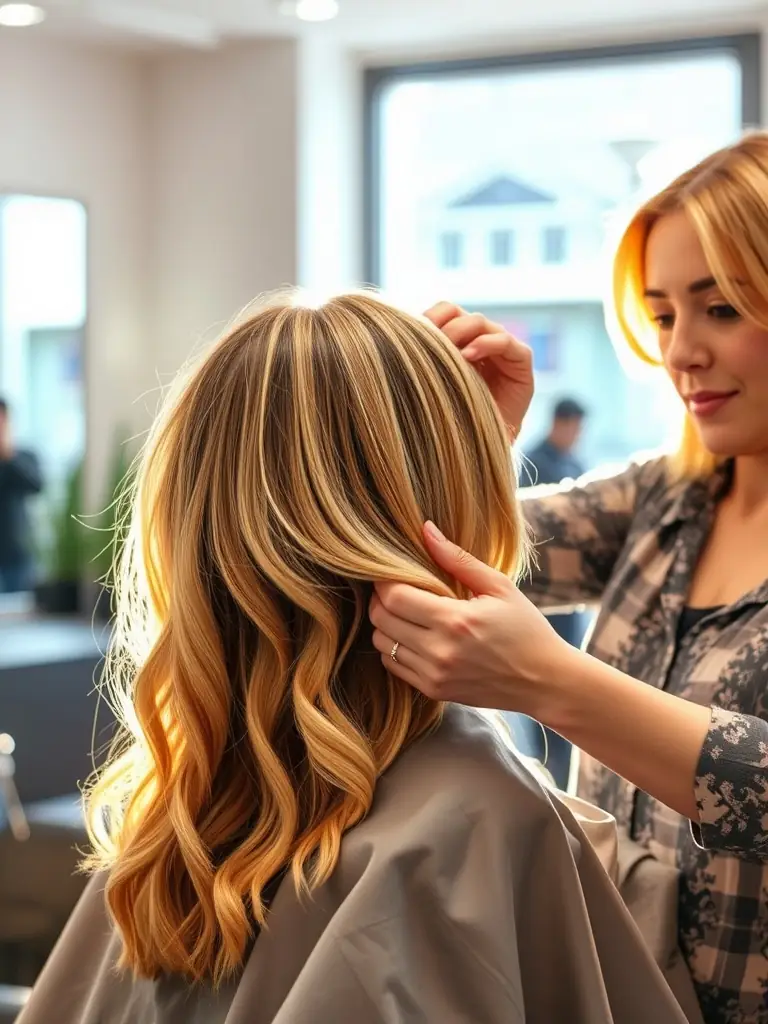 A stylist at Ladies Hairdresser Rochedale performing a balayage coloring technique on a client's hair. The client is smiling, and the salon environment looks modern and clean.