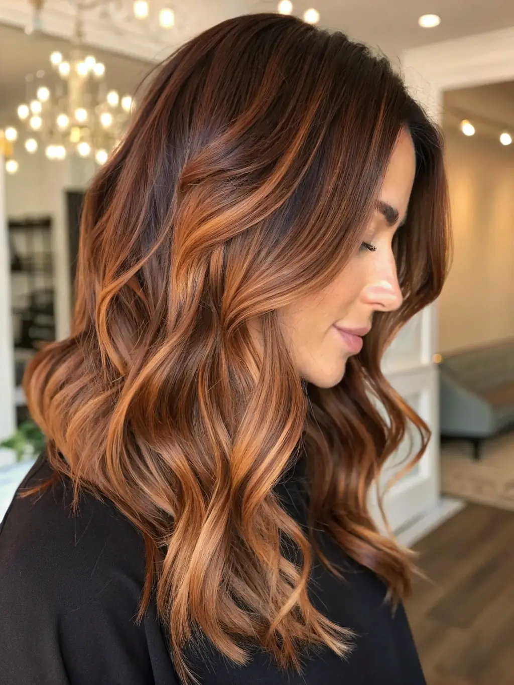 A client smiling and looking satisfied after receiving a vibrant balayage coloring treatment, highlighting the salon's expertise in creating stunning and natural-looking color results. The setting is a bright, modern salon.